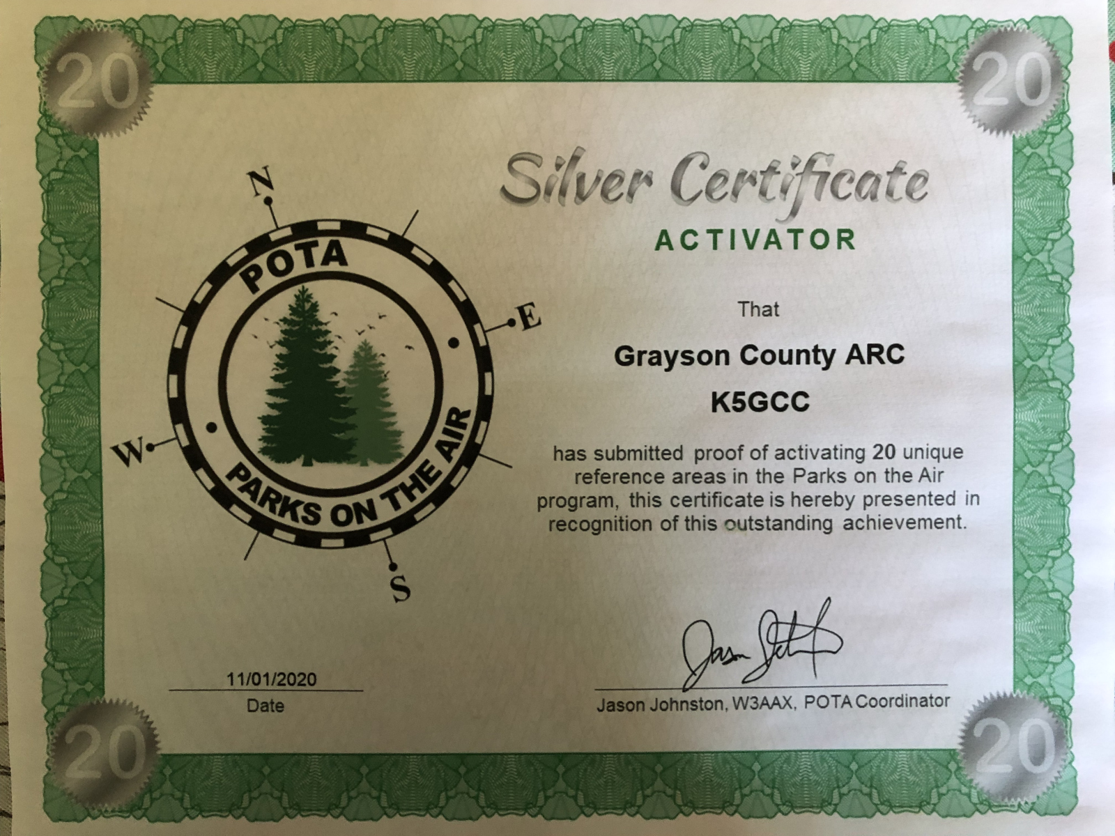 K5GCC-POTA-Activator-Silver-Certificate-20-Parks-Nov-1-2020